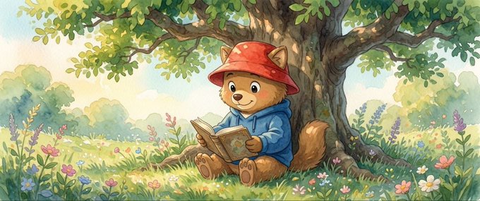 A charming watercolor-style illustration of a cute fox wearing a red mushroom-cap hat and blue hoodie, sitting under a large tree and reading a book in a flower-filled meadow.