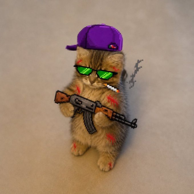 A digital artwork of a small orange kitten wearing a purple backwards cap, pixelated green sunglasses, and a cigarette, while holding an AK-47 rifle, with pixelated red blood splatters across its fur.