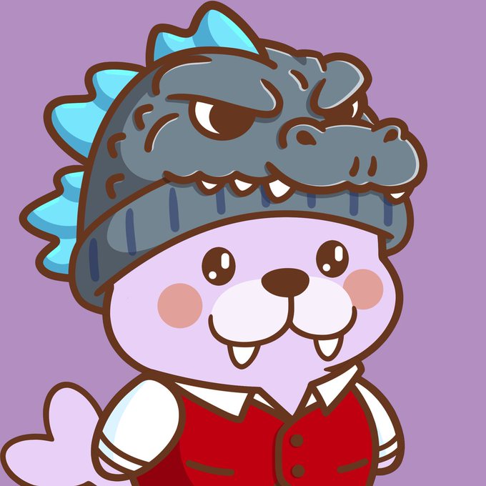 A cartoon illustration of a cute purple character wearing a red vest and an oversized grey dinosaur hood costume.