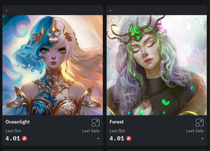 A digital marketplace interface displaying two fantasy character art pieces: 'Oceanlight' featuring a blue and white-haired elf-like woman in gold armor, and 'Forest' showing a green and purple-haired woman with leaf-like headwear, both with a last bid of 4.01 on what appears to be the Ardor blockchain.