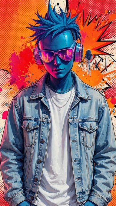 A vibrant pop-art style digital illustration of a young man with spiky blue hair, pink reflective sunglasses, headphones, and a denim jacket over a white t-shirt, set against an orange splatter background.