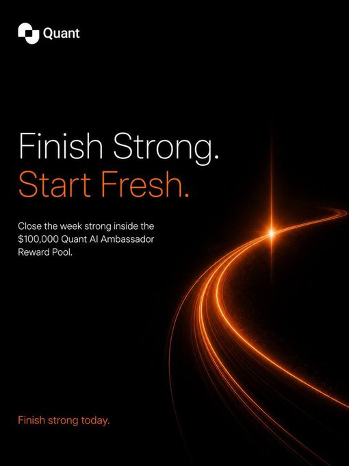 The image is an advertisement for a rewards program called "Quant AI Weekly Campaign New here?". The campaign has ended with its last day, and it encourages people to " Finish strong. Start fresh." by closing the week strong and joining the program as an Ambassador. The main focus of this advertisement is the bright orange line that runs across the background of the image, which represents a successful completion of the campaign. This visual element emphasizes the message about the rewards program and serves as a call to action for viewers to participate in it by signing up now or participating in recent activities like sharing their progress on social media using a specific hashtag.