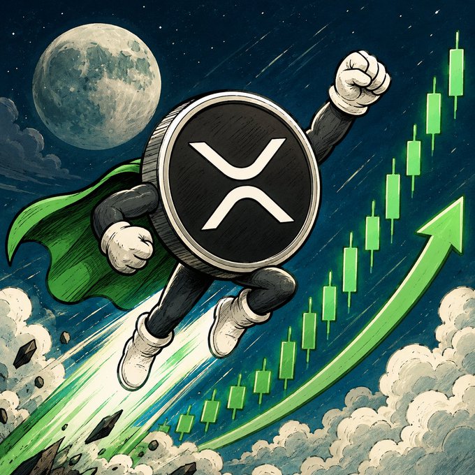 A cartoon XRP coin character wearing a green cape flies upward with a raised fist alongside a rising green candlestick chart and an upward arrow against a starry night sky with a full moon, symbolizing bullish momentum and excitement about buying more XRP.