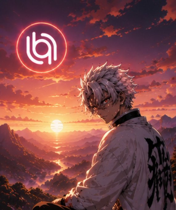 An anime-style illustration of a white-haired character with red eyes against a sunset mountain backdrop, featuring a glowing neon pink 'lp' or 'p' logo in the sky.
