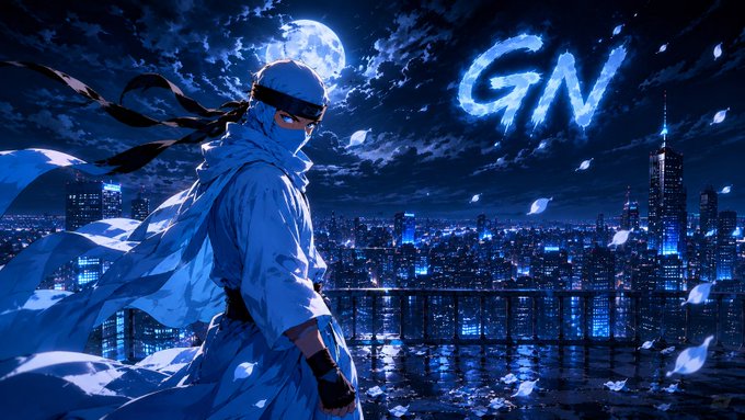 Anime-style artwork of a ninja character in blue attire standing on a rooftop overlooking a nighttime city skyline with a full moon and the text 'GN' displayed.