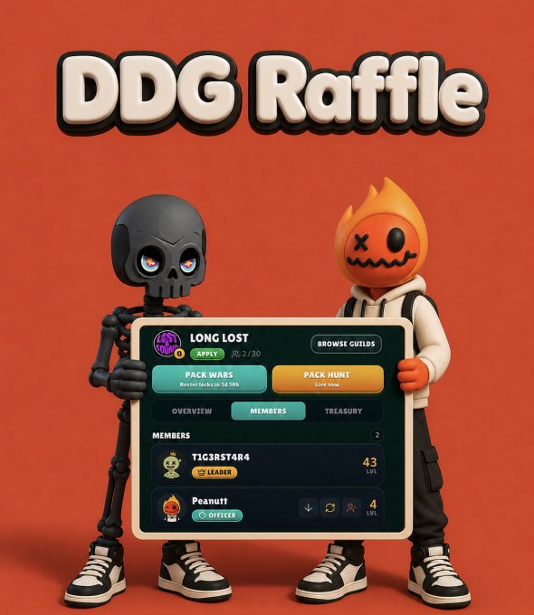 A promotional graphic titled "DDG Raffle" features a skeleton character and a flame-headed character holding a tablet displaying the "LONG LOST" NFT guild interface with members "T1G3RST4R4" (Level 43 Leader) and "Peanut" (Level 4 Officer), promoting a giveaway where one lucky participant will win a DedGorgez NFT drawn from the Long Lost community wallet to help fill the 30 spots in the @wolfswapwolfies game.
