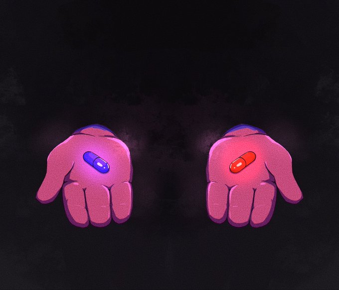 Two pink cartoon hands are displayed against a dark background, each holding a glowing capsule pill—one blue on the left and one red on the right—evoking the iconic "red pill, blue pill" choice from The Matrix. This visual metaphor ties into the "choose a pill" NFT airdrop, presenting followers with a time-sensitive choice between two options.
