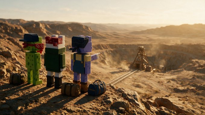 Three blocky, robotic figures dressed as cowboys—including one with a sheriff's badge and another with a red bandana—stand on a rocky cliff overlooking a desert landscape with a derrick in the distance.