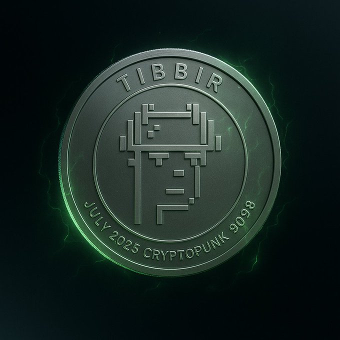 A silver coin features an engraved pixelated character and the text "TIBBIR," "JULY 2025," and "CRYPTOPUNK 9098," surrounded by a green electrical aura, highlighting the post's discussion of $TIBBIR as a long-term crypto investment.