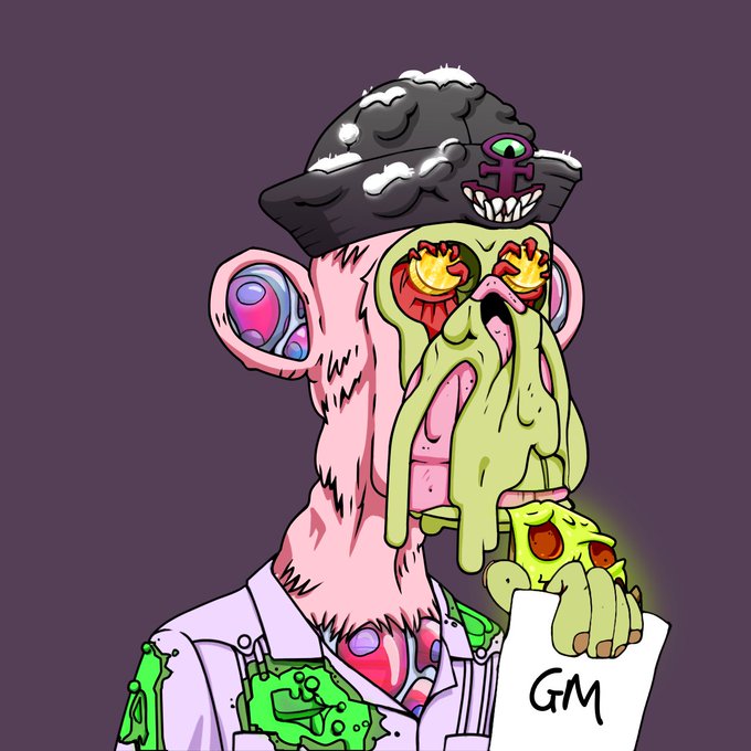 A grotesque cartoon monkey character with green slime dripping from its face, wearing a black hat with eyes and holding a sign that says 'GM'.