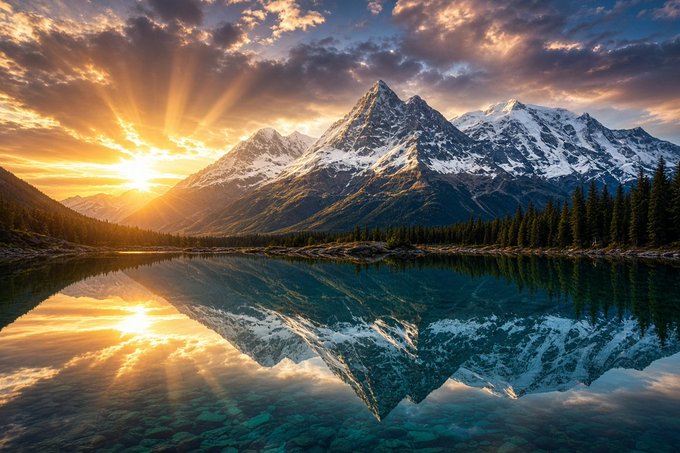 A breathtaking landscape photograph capturing a snow-capped mountain range at sunset, with golden sunlight rays reflecting perfectly in a clear turquoise lake surrounded by evergreen forests.