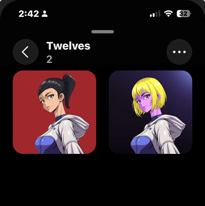 A mobile app screen titled "Twelves" displays two anime-style character portraits with the number 2, showing a dark-haired and a blonde-haired character.