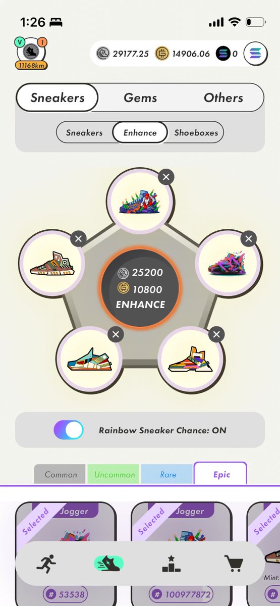 The image shows a phone screen displaying an app called "Stepn" with a shopping cart icon, which suggests that the user might be shopping for sneakers or other items. The app has five different types of shoes displayed on its home screen, each with varying colors and styles. The app also features a "Gems" section where users can find more information about these shoes.