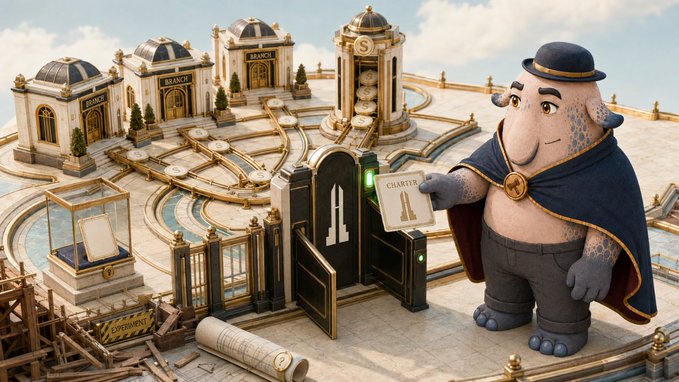 A cartoon elephant banker wearing a top hat and cape holds up a glowing "CHARTER" card beside a miniature bank district with ornate buildings, gates marked "1", and signs reading "BANK" and "SECURITY," visually representing the onchain banking license concept described in the post about $STANDARD's charter system as the foundational "banking game."