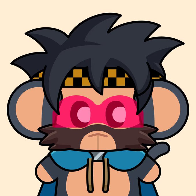 A cartoon monkey avatar with black spiky hair, a yellow and black checkered headband, large pink goggles, and a brown mustache, wearing a blue hoodie and carrying a backpack.