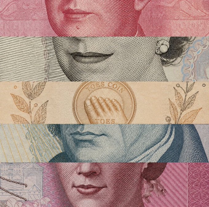 The image displays a close-up of a dollar bill divided into pink, black, and blue horizontal strips showing different parts of a woman's face, with a central gold coin emblem reading "TOES COIN" and "TOES" around an image of toes. This visual cleverly ties into the post's message about the $TOES token, satirically referencing the "toes coin" cryptocurrency by featuring monetary imagery with the toecoin logo at its center.