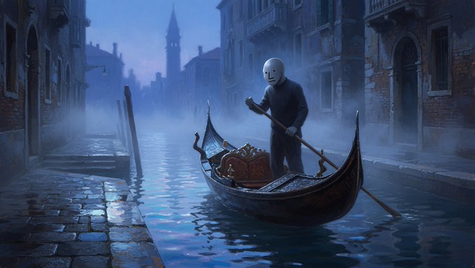 An atmospheric digital artwork of a figure wearing a white mask rowing a gondola through a misty, foggy Venetian canal with a clock tower visible in the background.
