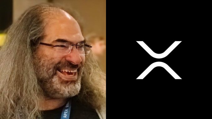 The image shows David Schwartz, CTO of Ripple (identifiable by his long gray hair and the "APEX" conference lanyard), laughing alongside the white XRP logo on a black background. This relates to the post's quote from Schwartz expressing bullish sentiment about XRP reaching $1,000, emphasizing adoption and utility as key drivers.