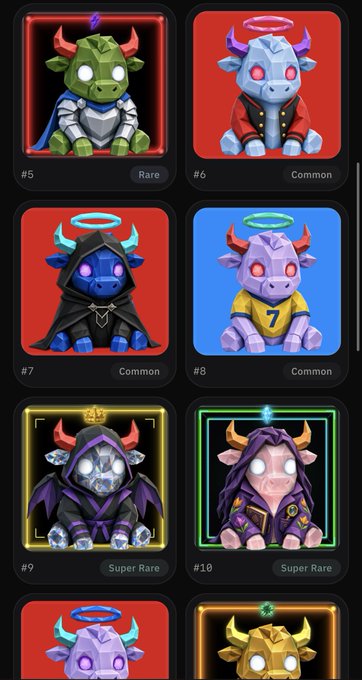A grid of digital collectible NFTs featuring various stylized, horned characters with glowing eyes, labeled with numbers like '#5 Rare', '#6 Common', '#7', '#8', '#9 Super Rare', and '#10 Super Rare'.