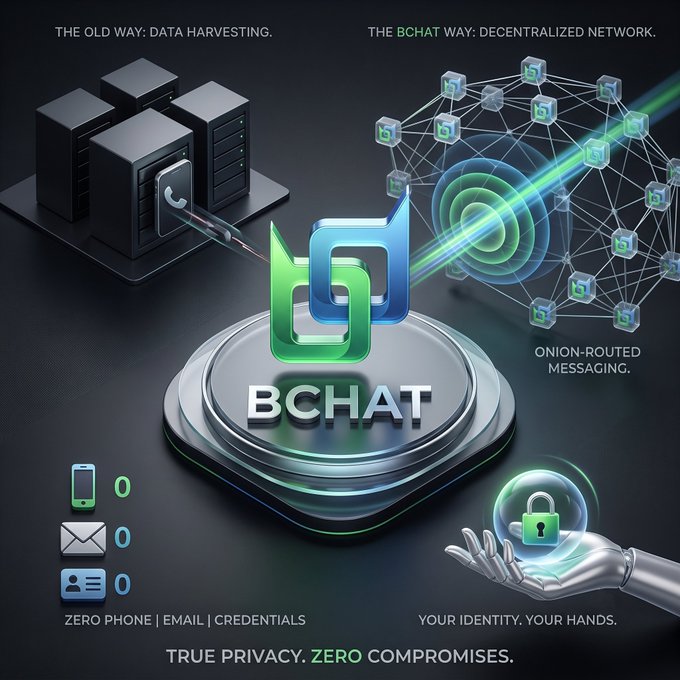 A promotional graphic for 'BCHAT' contrasting 'THE OLD WAY: DATA HARVESTING' with 'THE BCHAT WAY: DECENTRALIZED NETWORK', highlighting 'TRUE PRIVACY. ZERO COMPROMISES.'