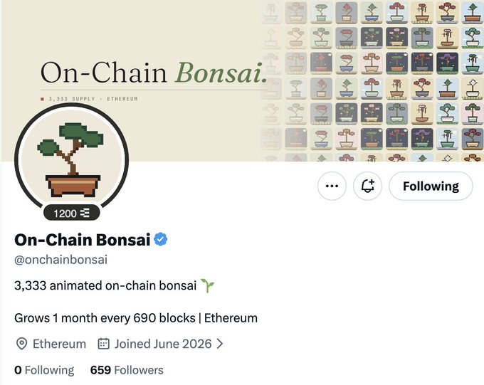 The image features a post from an account named @onchainbonsai that includes a link to a video about bonsai trees. The post has a white background with black text, making it easy to read. It also contains a small tree illustration in the center of the post and a list of numbers related to the animation of the NFT collection on Ethereum.