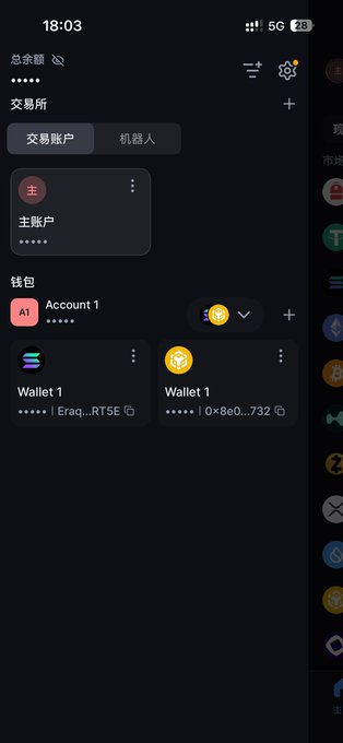 A mobile app screenshot in Chinese with a dark theme showing the time 18:03, displaying an exchange account ('交易所') section with a main account ('主账户'), Account 1, Wallet 1, and Wallet 1 sections.