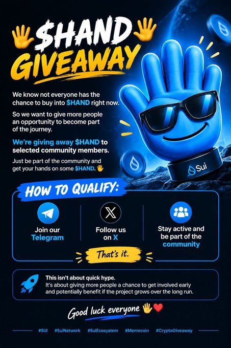 The image is a "$HAND GIVEAWAY" promotional graphic featuring a blue hand mascot wearing sunglasses, with instructions to join Telegram, follow on X, and stay active in the community to qualify for a SUI giveaway—matching the accompanying post's entry requirements for winning 10 SUI.