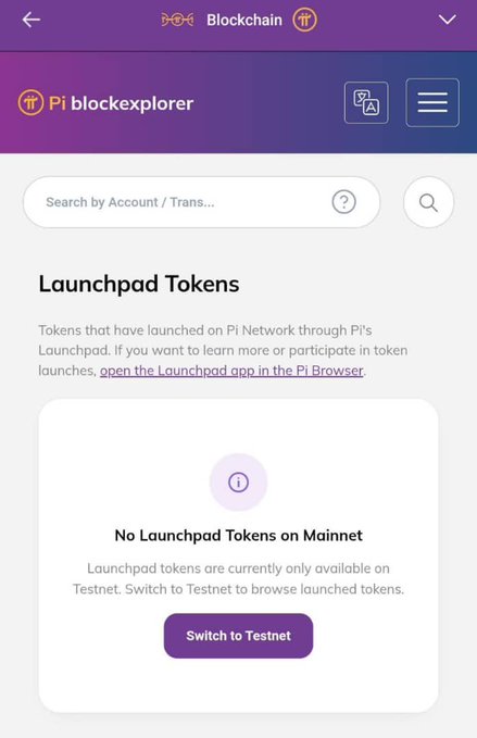 The image shows the Pi BlockExplorer interface displaying a "Launchpad Tokens" section, which states "No Launchpad Tokens on Mainnet" and offers a "Switch to Testnet" button to view launched tokens. This directly illustrates the post's point that the Launchpad Tokens section is now integrated into the Pi BlockExplorer, with placeholder messaging indicating future token activity will be tracked there.