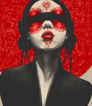 A stylized portrait of a woman with elaborate red and white face paint, including red eyeshadow, red lips, and decorative patterns on her forehead and cheeks, set against a bright red background with black line details.