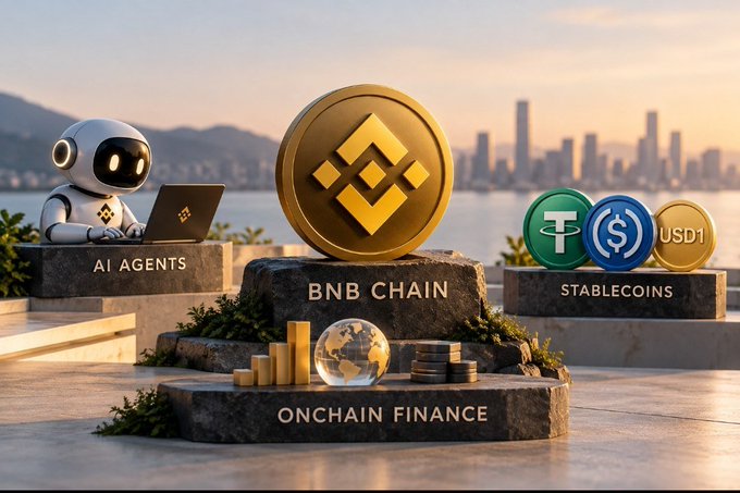 The image displays a stylized monument featuring the BNB Chain logo at its center, flanked by three pillars labeled "AI AGENTS" (with a robot using a laptop), "STABLECOINS" (showing USDT, USDC, and USD1 tokens), and "ONCHAIN FINANCE" (with coins and a globe), set against a city skyline—visually representing BNB Chain's strategic positioning at the intersection of these three major crypto trends.