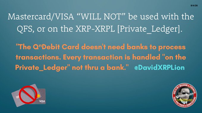 The image displays a slide dated 8/4/20 stating that "Mastercard/VISA 'WILL NOT' be used with the QFS, or on the XRP-XRPL [Private_Ledger]," featuring a crossed-out Visa card and quoting @DavidXRPLion that "The QⁿDebit Card doesn't need banks to process transactions." The slide visually reinforces the post's claim by showing a prohibition symbol over a Visa card alongside the DavidXRPLion branding logo.
