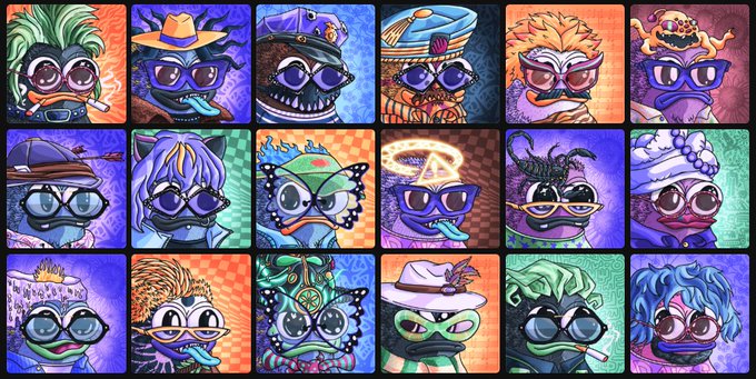 A grid of 18 cartoon-style portraits featuring purple frog-like characters with various accessories, including hats, glasses, and hairstyles, set against colorful patterned backgrounds.