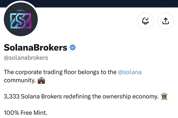 Twitter profile for SolanaBrokers (@solanabrokers) describing themselves as 'The corporate trading floor belongs to the @solana community' with '3,333 Solana Brokers redefining the ownership economy' and '100% Free Mint'.