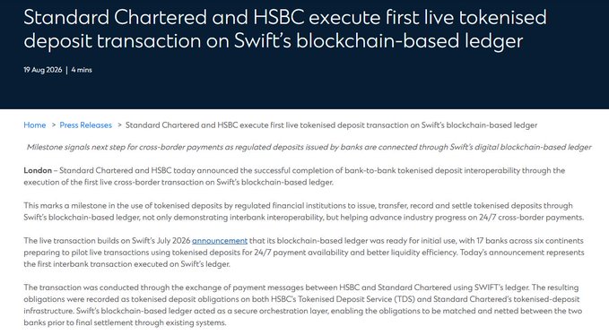 A news article titled 'Standard Chartered and HSBC execute first live tokenised deposit transaction on Swift's blockchain-based ledger' dated 19 Aug 2026, detailing a milestone in cross-border tokenised deposit interoperability.