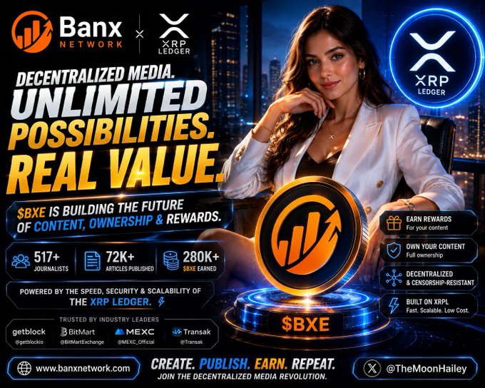 Promotional banner for Banx Network ($BXE) featuring a woman in a white blazer, highlighting decentralized media with stats: 517+ journalists, 72K+ articles, and $BXX earned, built on the XRP Ledger.