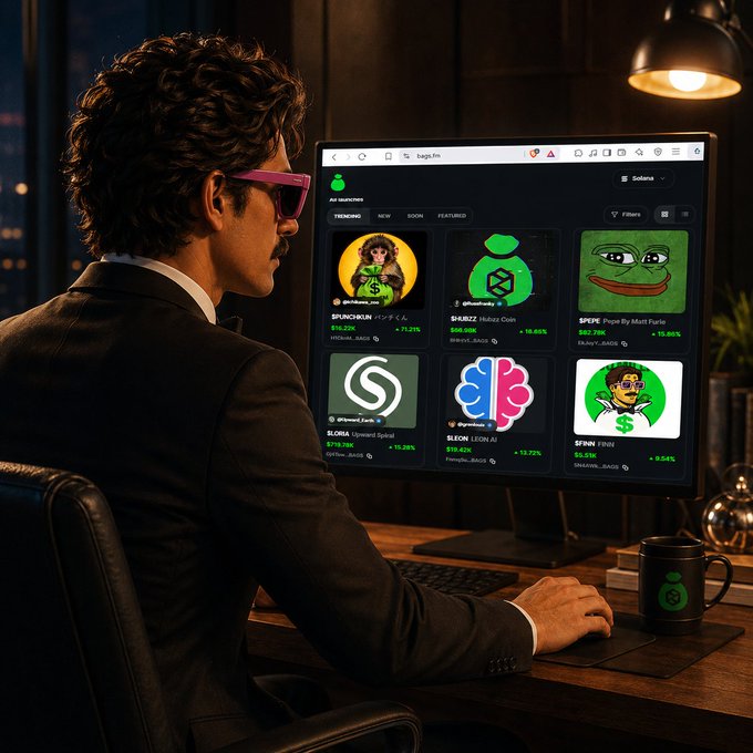 A man wearing pink sunglasses and a dark suit sits at a desk in a dimly lit room, viewing a crypto dashboard on his monitor that displays various memecoins including items with Pepe the Frog branding.