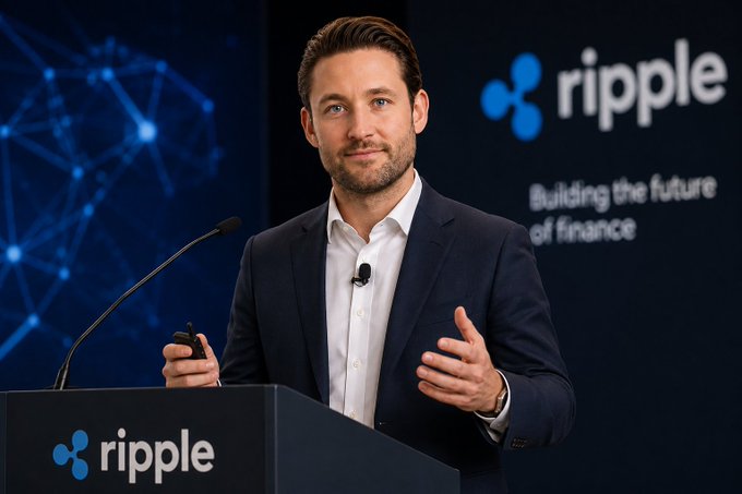 A man in a dark suit stands at a podium speaking, with the "ripple" logo and the text "Building the future of finance" displayed in the background.