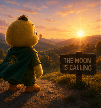 A digital illustration of a cute duck character wearing a green cape with a crescent moon emblem, standing on a cliff at sunset looking at a sign that reads 'THE MOON IS CALLING'.