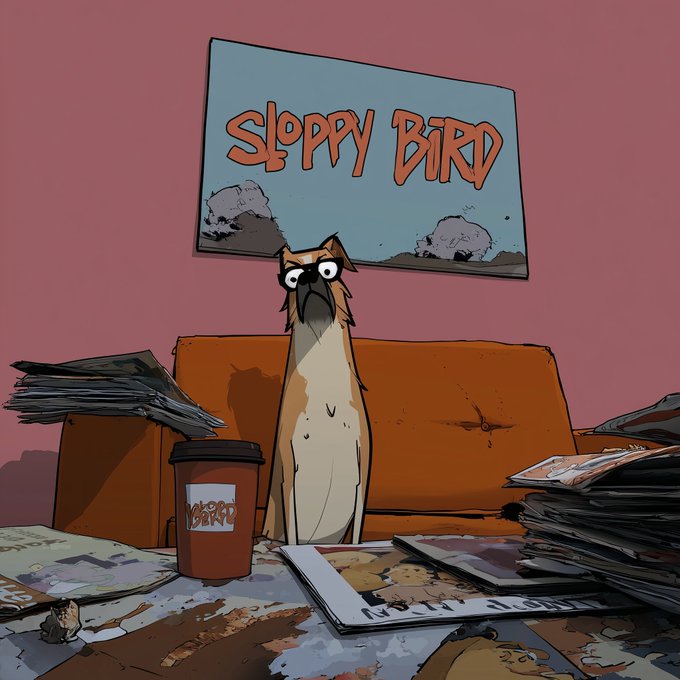 A cartoon illustration titled "Sloppy Bird," showing an angry-looking cat sitting on a couch surrounded by messy stacks of papers and a coffee cup.