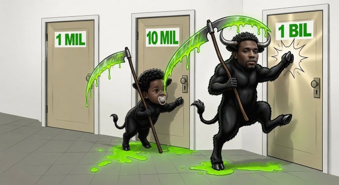 A cartoon grim reaper baby with a pacifier and an adult grim reaper, both holding scythes dripping neon green slime, approach three doors labeled "1 MIL," "10 MIL," and "1 BIL," symbolizing the rising milestones for the $BABYANSEM token.