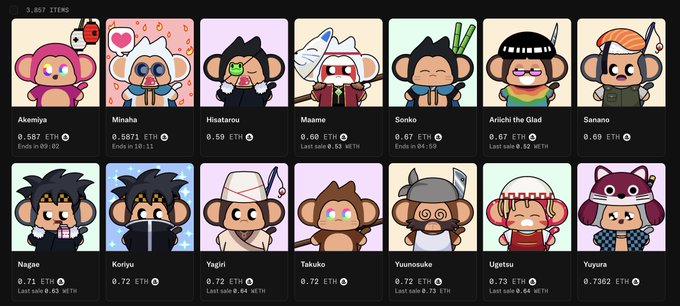 The image shows a NFT marketplace listing for "The Chimpers" collection on 1,657 ITEMS, featuring various chimp characters with prices ranging from 0.567 ETH (Akemiya) to 0.7362 ETH (Yugura). The post highlights that the Chimpers floor price is currently very active, showcasing these vibrant chimp NFTs with traits like Minaha, Hisatarou, Sonko, and Yugura at competitive ETH prices.