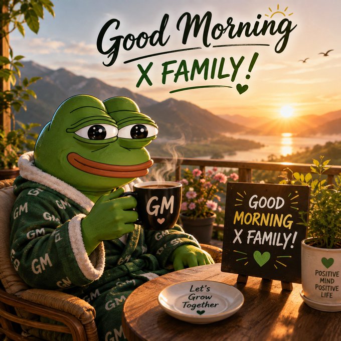 A cheerful scene of a green Pepe the Frog character in a green 'GM' robe enjoying a morning cup of coffee on a balcony with a sunrise view, accompanied by the text 'Good Morning X FAMILY!', 'Let's Grow Together,' and 'Positive Mind Positive Life.'