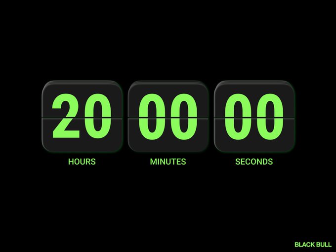 A digital countdown timer with a black background displays 20 hours, 00 minutes, and 00 seconds in bright green flip-style digital numbers, labeled 'HOURS,' 'MINUTES,' and 'SECONDS' below each digit, with the 'BLACK BULL' logo in the bottom right corner.