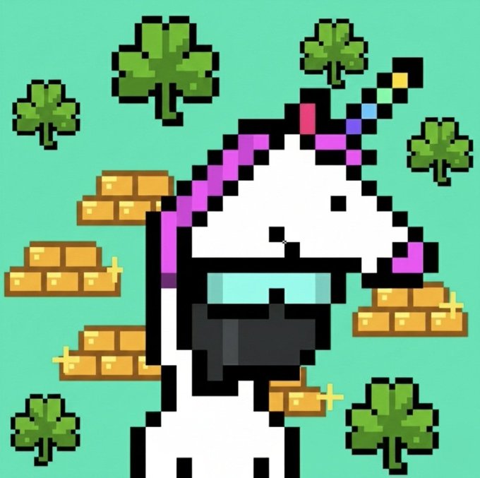 A pixel art illustration of a unicorn wearing a VR headset, surrounded by gold bars and shamrocks against a teal background.