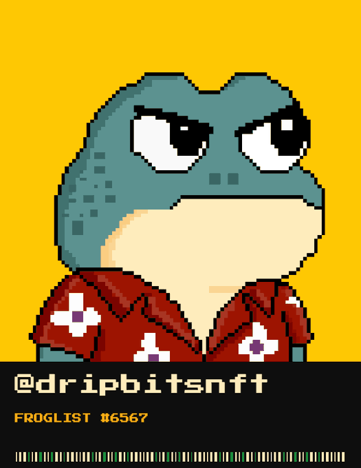 A pixel art illustration of a green frog wearing a red Hawaiian shirt with white flowers, labeled '@dripbitsnft' and 'FROGLIST 16567' with a barcode at the bottom.