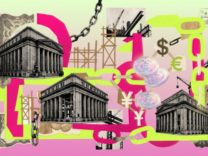 A collage combining neoclassical bank buildings, construction cranes, chains, and cryptocurrency symbols (including Bitcoin and Euro signs) overlaid on a pink and yellow background.