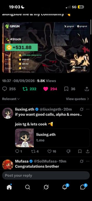 A screenshot of a social media post by user @gmgnai about cryptocurrency gains (+$531.88 for $4Stock), including comments from @liuxing.eth advertising a Telegram group and @SolMufasa offering congratulations.