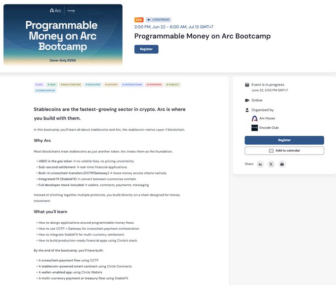 The image shows a screenshot of an online event page from the Programmable Money on @arc Bootcamp, focusing on stablecoins and AI agents for money management. The title "Programmable Money on @arc Bootcamp" is displayed at the top, followed by a description providing information about the specific topics to be covered in the workshop session. 

The screenshot also features details about the schedule and registration process for the event, which appears to involve learning about stablecoins and AI agents for money management through a live session. There are several pieces of text on the screen giving more context or additional instructions related to the content being presented at this particular session in the online course offered by @arc Bootcamp.