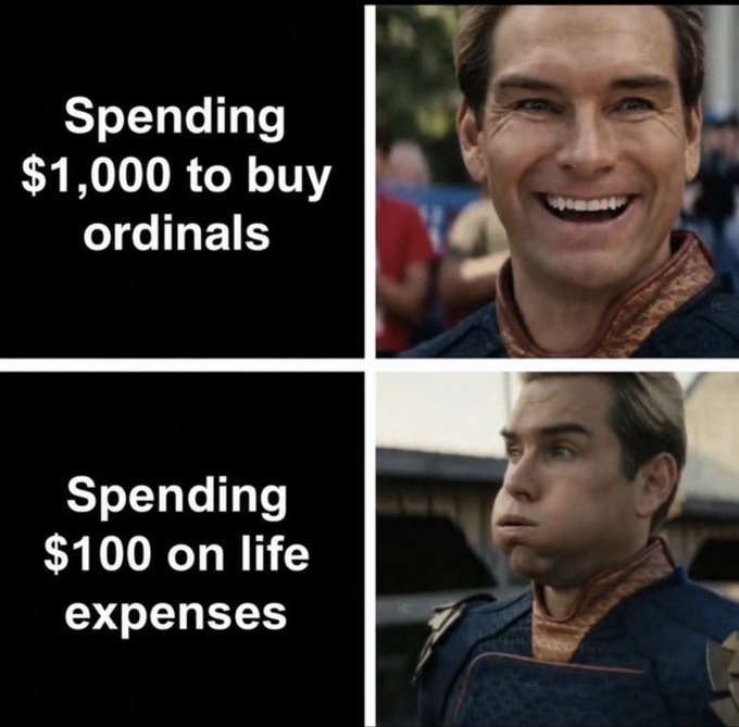 A two-panel meme featuring Homelander from 'The Boys,' smiling while 'Spending $1,000 to buy ordinals' on top, and looking unamused while 'Spending $100 on life expenses' on the bottom.