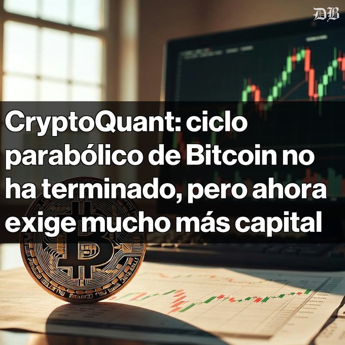 A news graphic featuring a physical Bitcoin coin resting on financial documents with a laptop displaying a green and red candlestick chart in the background; Spanish text reads 'CryptoQuant: ciclo parabólico de Bitcoin no ha terminado, pero ahora exige mucho más capital' with the NH logo in the corner.
